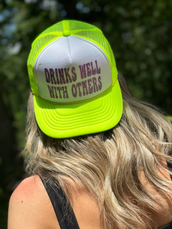 Drinks Well With Others Trucker Hat | Trending Ball Cap | Glitter Snapback | One Size Fits All for wholesale by Route 54 Apparel