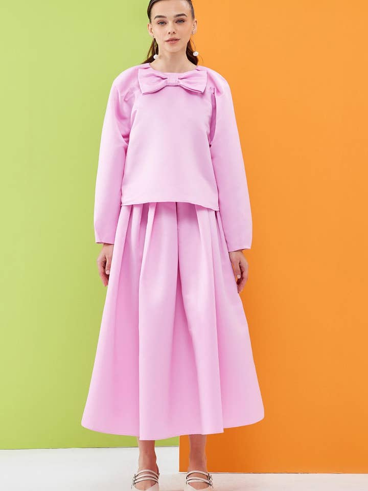 Blusa Candy Bow Tafetá Rosa por atacado de Kadriye Baştürk