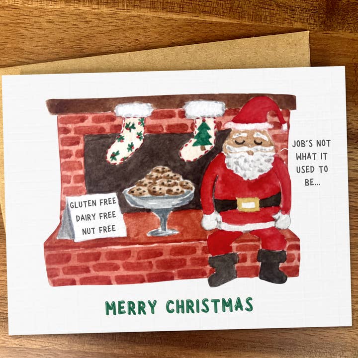 Funny Santa Claus card, Vegan gluten free Xmas cookies card for wholesale by Pink Hill Press