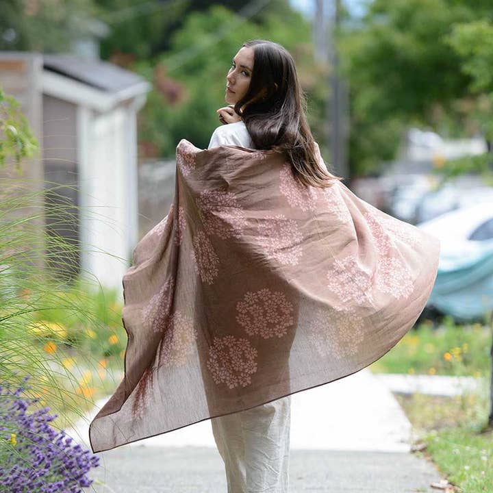Ichcha - Wholesale Scarf - Women's - Handmade Block Print Terracotta Large Scarf | Autumn Breeze