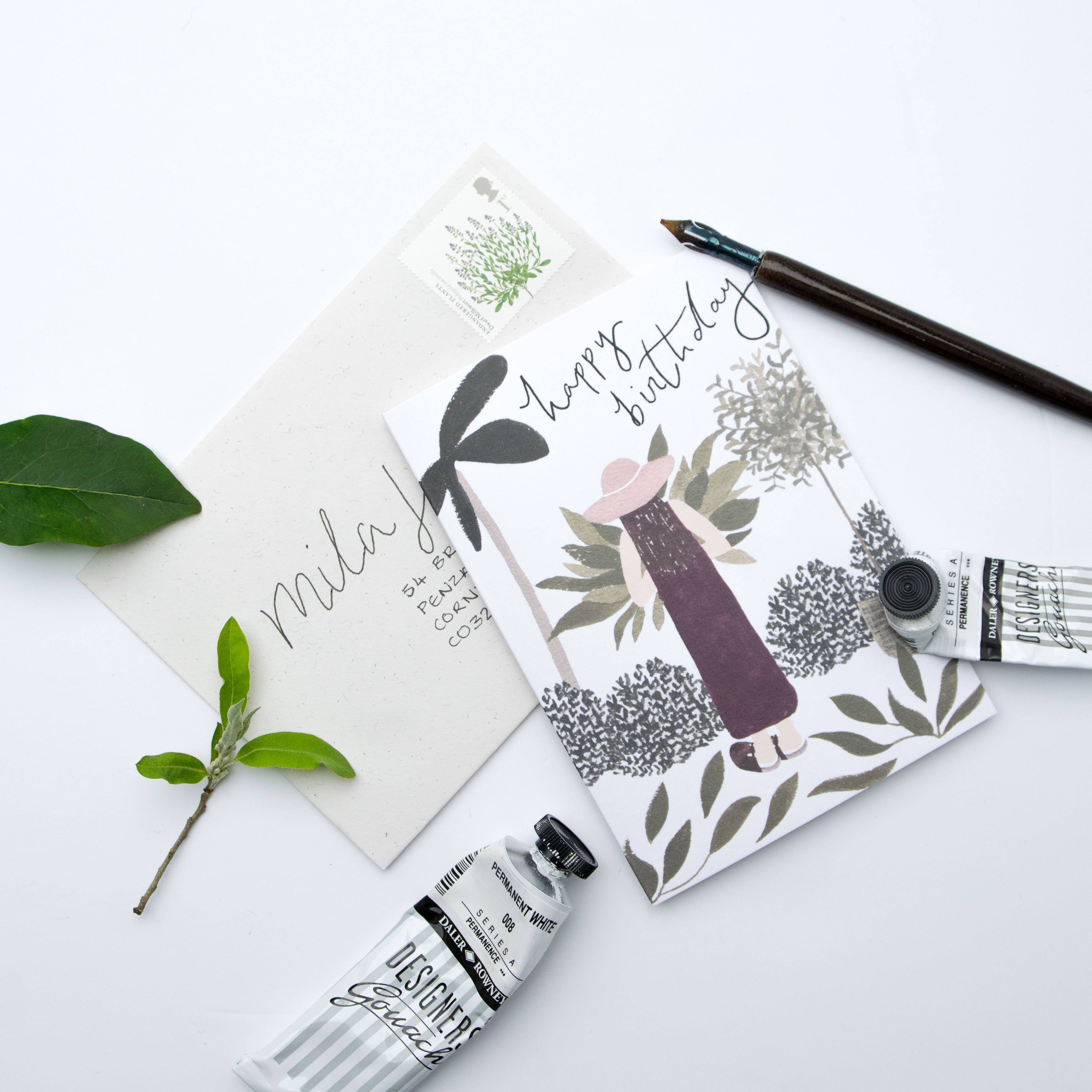 The Hidden Pearl Studio – wholesale Birthday card – Boho Garden Girl Greeting Card2