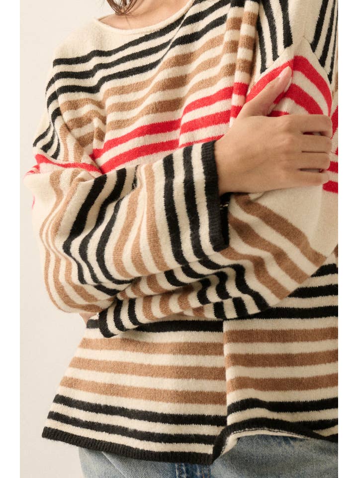 Promesa USA - Wholesale Knit Sweater - Women's - Multicolor Striped Knit Loose-Fit Boatneck Sweater