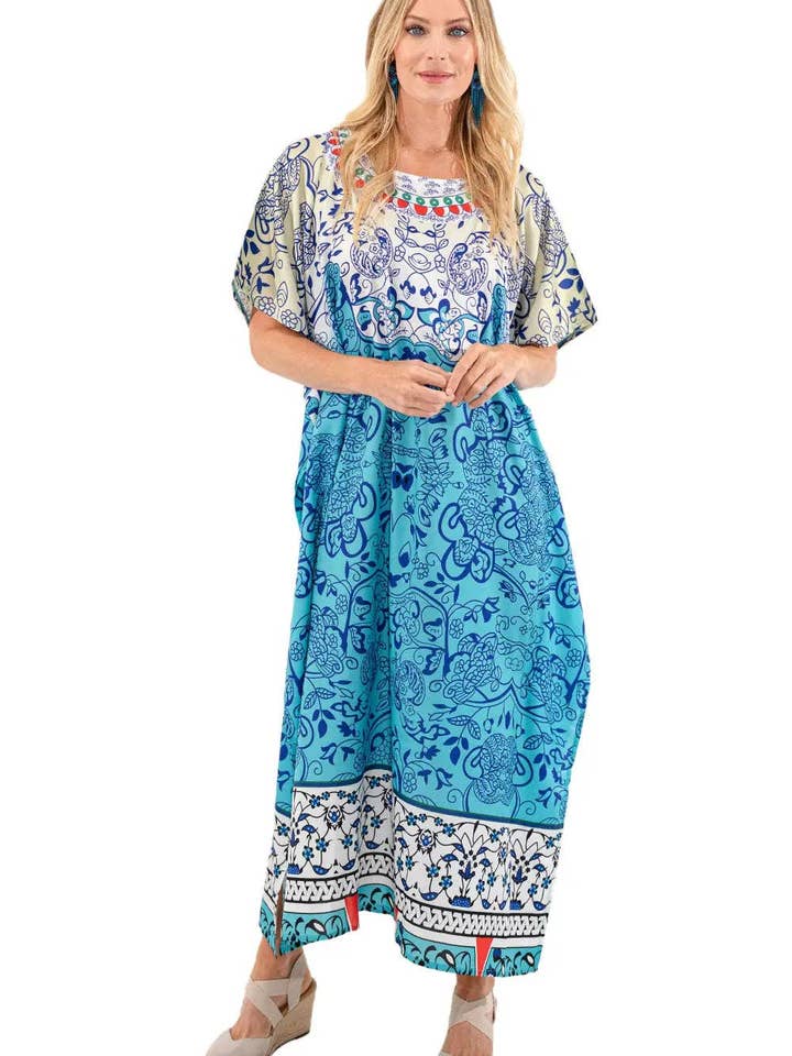 Damen langer Kaftan Sommerkleid, Aqua Jewel S-3XL für den Großhandel von Miss Lavish London