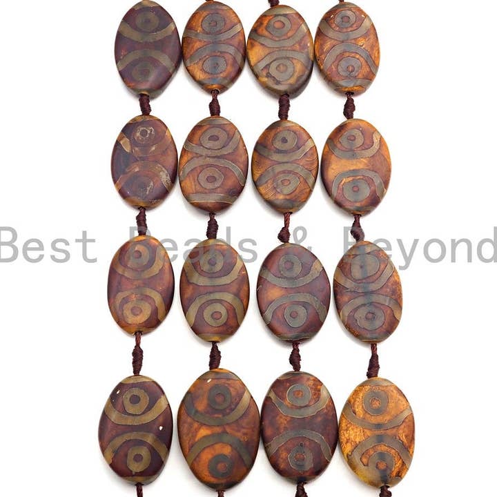 BestBeads&Beyond - Wholesale Beads - 1pc/8pc Natural Tibetan Agate Flat Oval Spacer Beads, Brown White Dzi Spacer Beads, Tibetan Dzi Beads, 25x36mm, sku#U8761