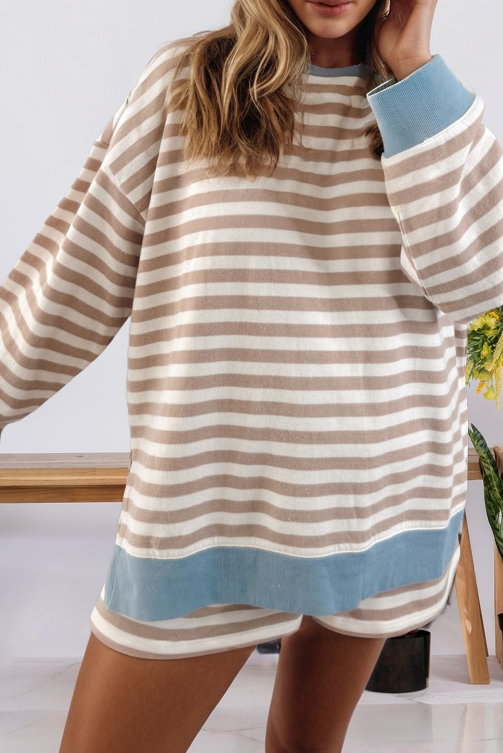 Beige Stripe Contrast Edge Pullover and Shorts Plus Size Set for wholesale on Faire1