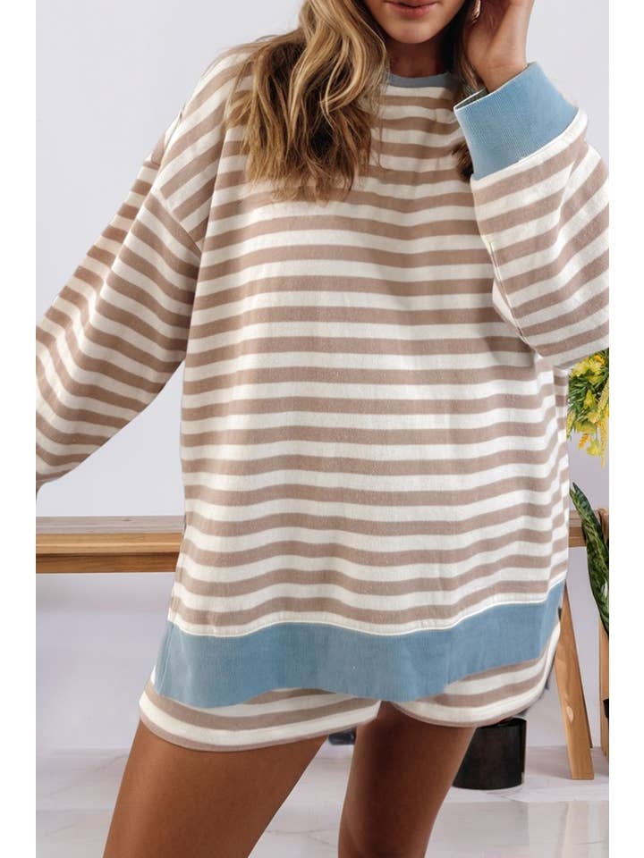 Beige Stripe Contrast Edge Pullover and Shorts Plus Size Set for wholesale on Faire1