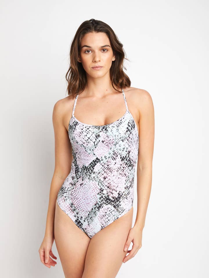Bay Watch Style-Cross Back 1piece - F1701_White Green Snake for wholesale by MARINA WEST SWIM