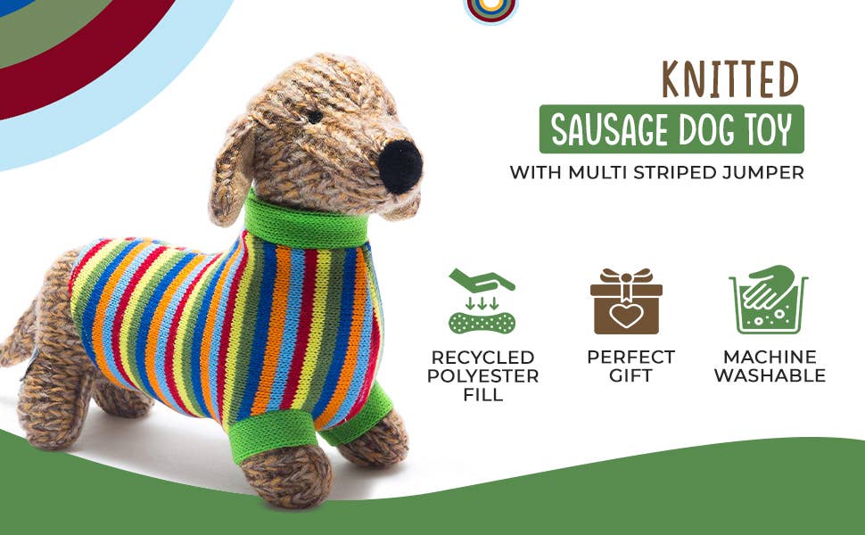 Best Years Ltd – wholesale Stuffed/plush toy – Kids & baby – Knitted Sausage Dog Soft Toy Teddy with Stripe Jumper6