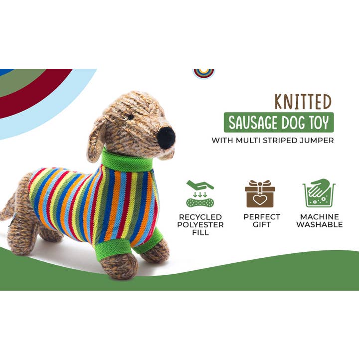 Best Years Ltd – wholesale Stuffed/plush toy – Kids & baby – Knitted Sausage Dog Soft Toy Teddy with Stripe Jumper6