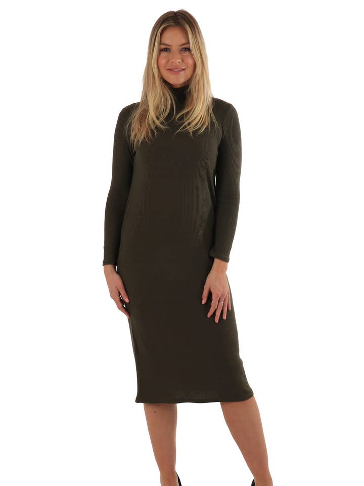 Vestido caqui de canalé con cuello embudo para venta al por mayor de Marina Kaneva