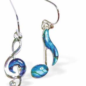 Paua Shell Quaver & Treble Clef Drop Earrings, Rhodium Plate for wholesale by Byzantium Collection Ltd