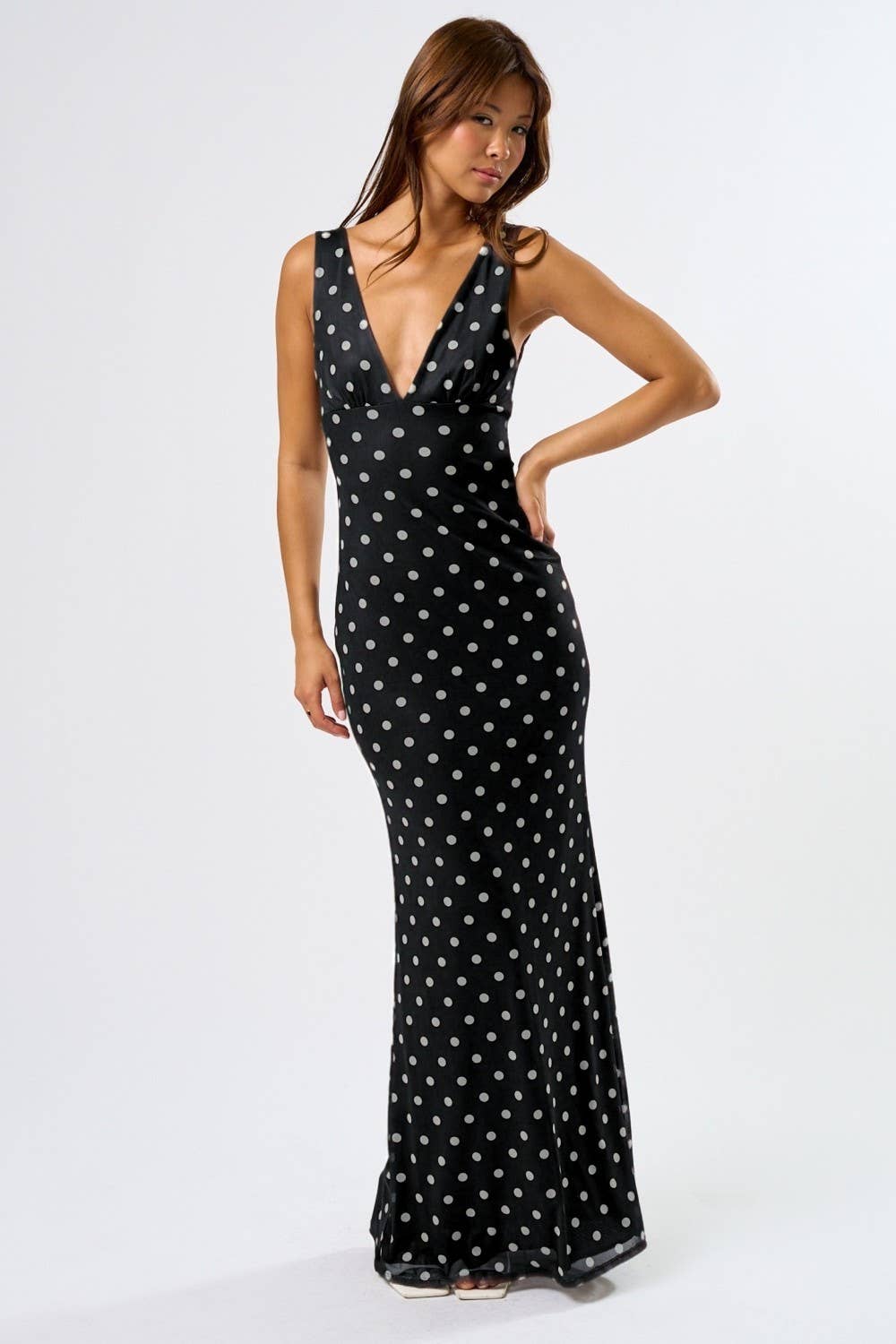 Blue Blush - Wholesale Dress - Women's - Chic Mesh Polka Dot Maxi Dress5