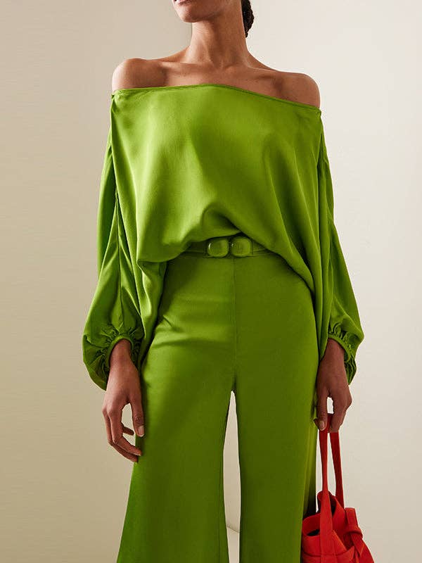 GREEN Batwing Sleeve Split-Shoulder Blouse for wholesale on Faire