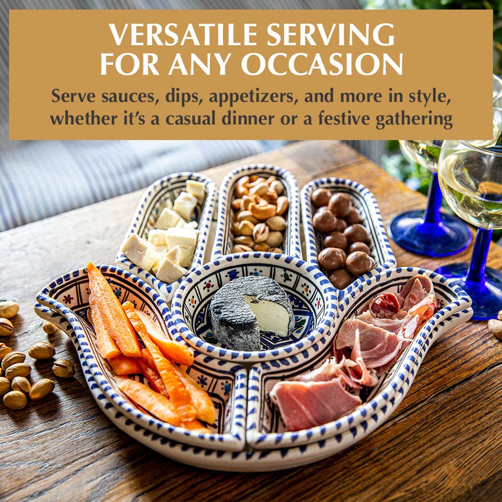 Kamsah - Vente Assiettes/plats/bols de décoration - Ensemble de trempage et de service en céramique Hamsa bleu bohème fait main3