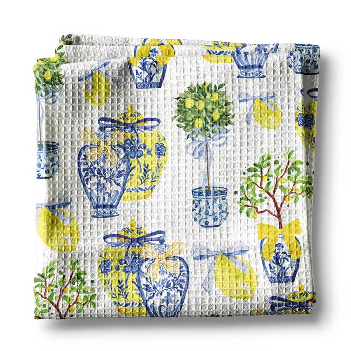 Lemon Chinoiserie Citrus Summer Fruit Kitchen Towel Waffle for wholesale by Canary Road