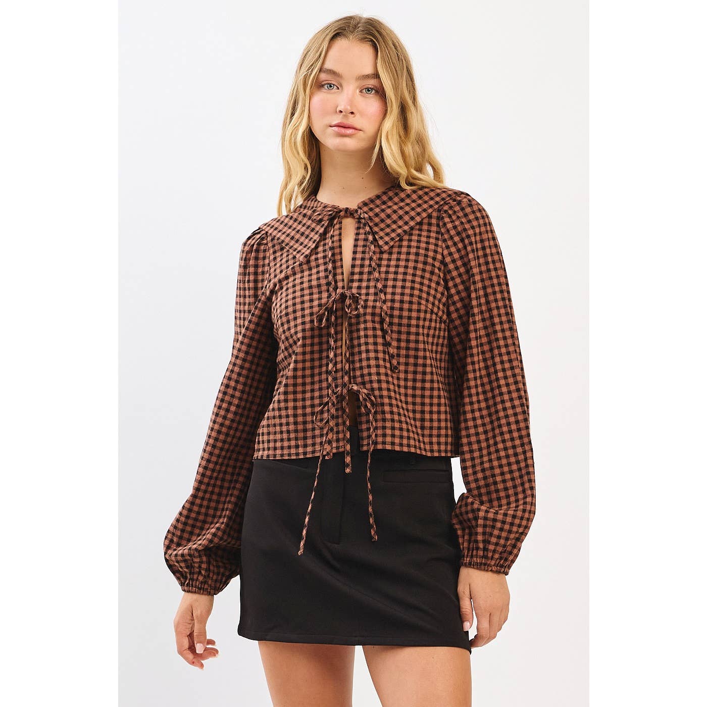 mittoshop - Wholesale Knit Top - Women's - CHECKERED TIE FRONT BIB COLLAR LONG SLEEVE TOP4