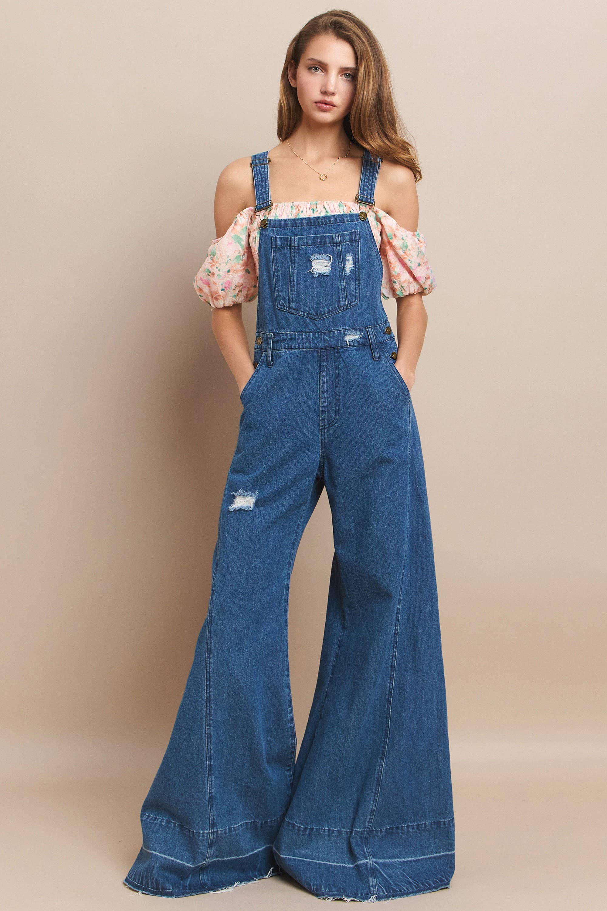 MID DEN WIDE LEG DISTRESSED DENIM OVERALLS 4429RIAMID DENIM for wholesale on Faire2