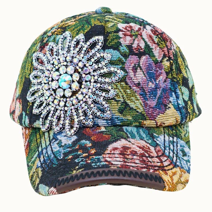 Olive & Pique - Wholesale Baseball Cap - Women's - Tapestry Sunflower Bejeweled Floral Glitz Cap, Adjustable