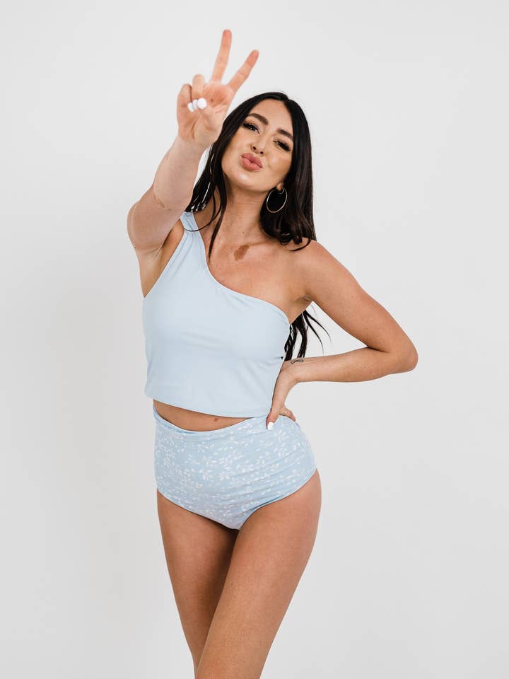 Powder Blue Crop One Shoulder Tankini Top for wholesale by Coral Reef Swim