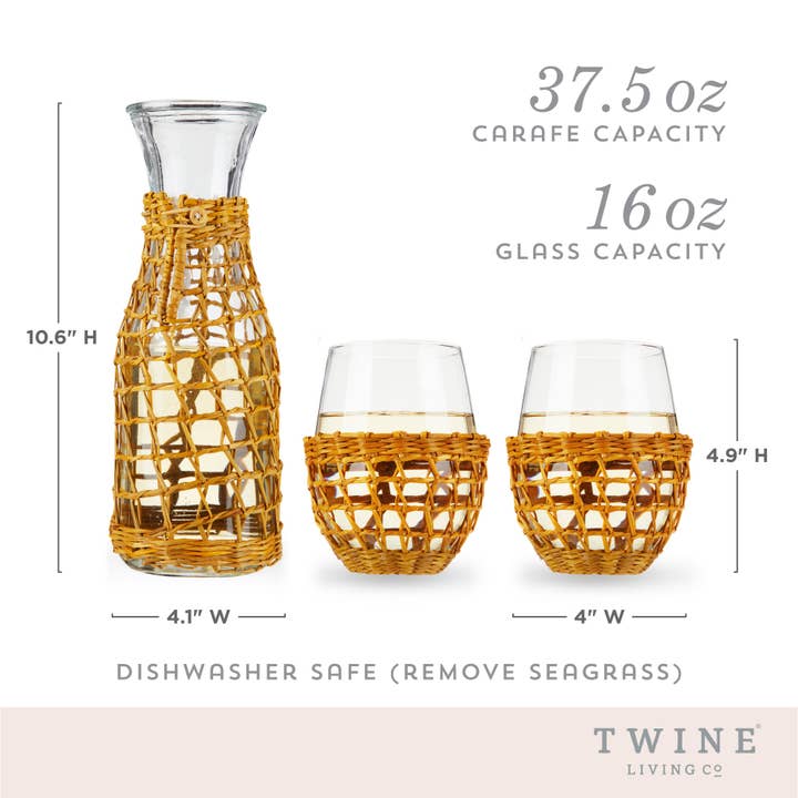 Twine - Wholesale Cocktail/Liquor Glass - Island Carafe & Stemless Glassware w/Seagrass Wrap -Set of 3