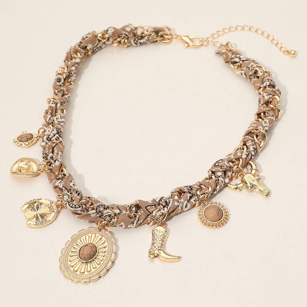 Sensibling Corp. - Wholesale Pendant/Charm Necklace - Western Themed Charm Fabric Braided Necklace9