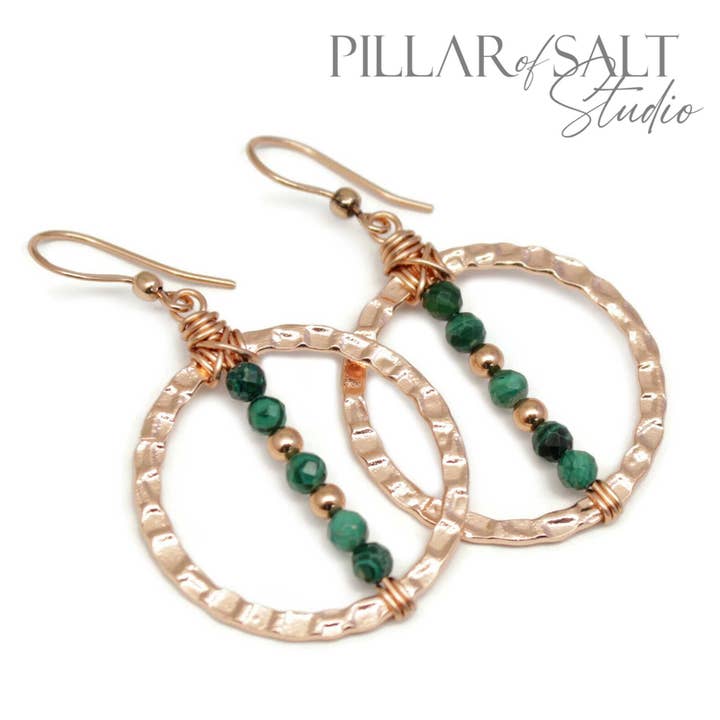 Hammered Copper Circle with Malachite Handmade Earrings for wholesale by Pillar of Salt Studio