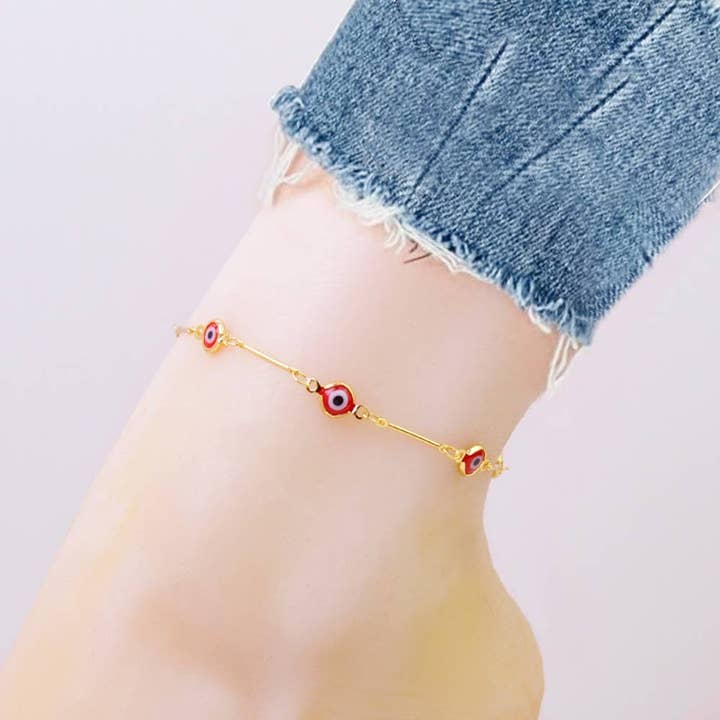 18K Gold Plated Bar Style Red Evil Eye Crystal Anklet for wholesale by Vesa Jewels