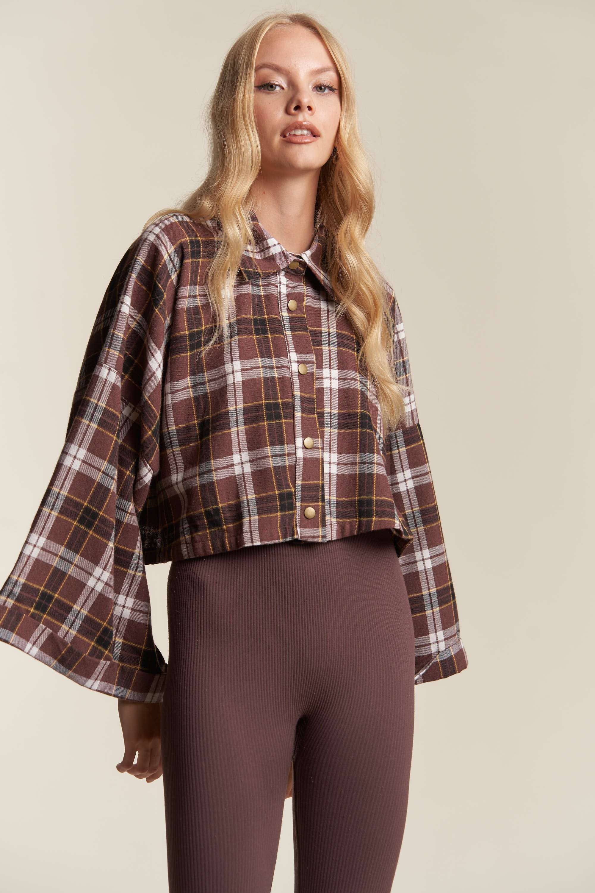 BROWN COMBO WIDE SLEEVE SNAP BUTTON DOWN PLAID SHIRT JACKET for wholesale on Faire9