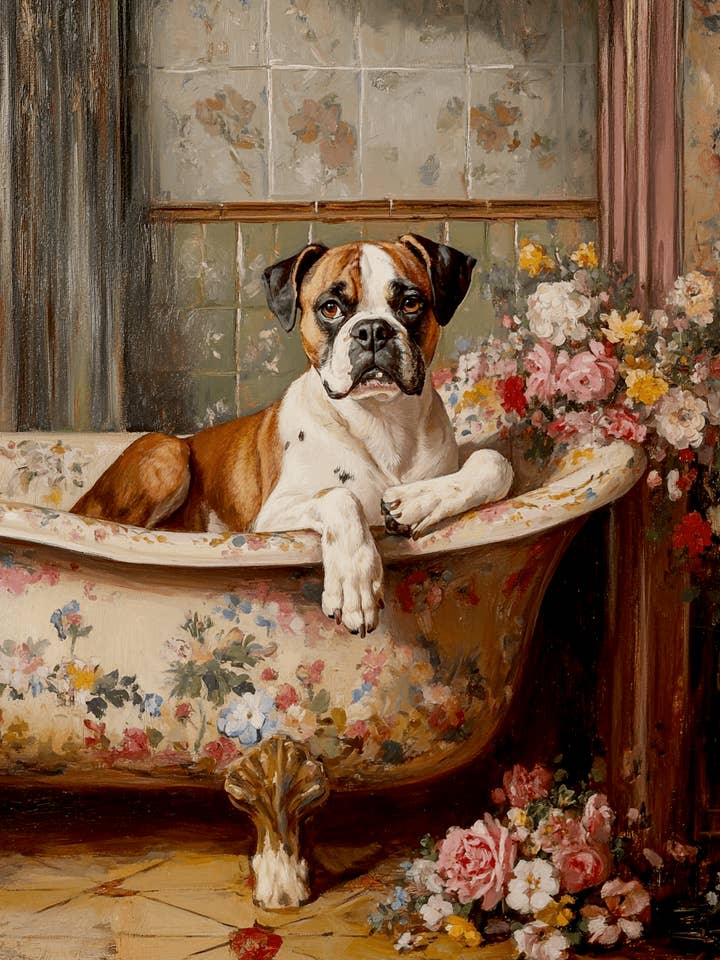 Boxeur dans la baignoire - Impressions d'art mural nature morte pour chien de compagnie – Œuvre 8″x10″ pour cadre 11″x14″ pour la vente par Mowbi