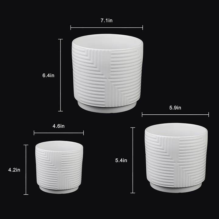 Florinia - Wholesale Plant Pot - 3-Piece White Stoneware Planter Set with Geometric Line Design4