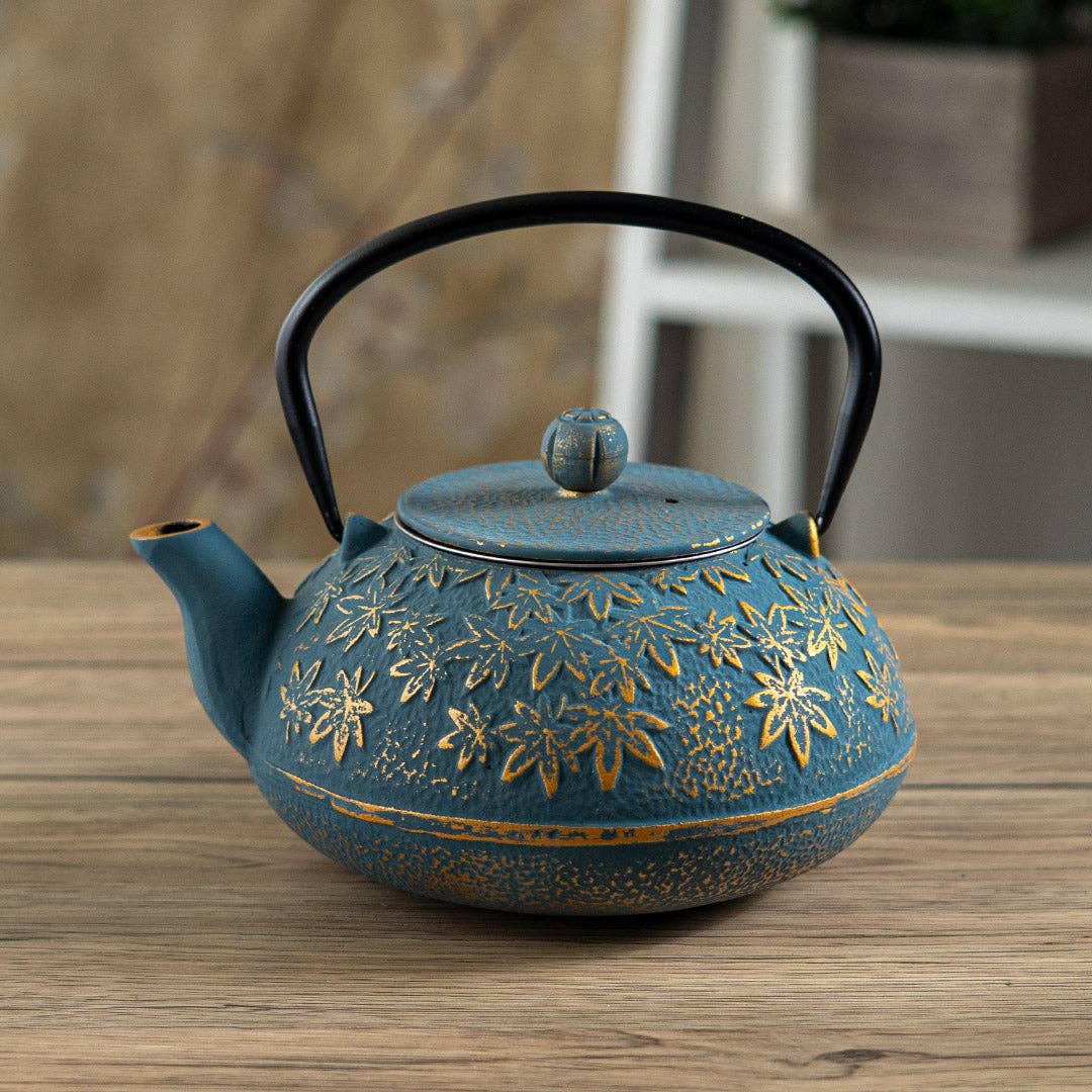 Urban Tokyo - Wholesale Tea Pot - Turquoise Maple Leaves Momiji Design 40oz Cast Iron Tea Pot (1/8)1