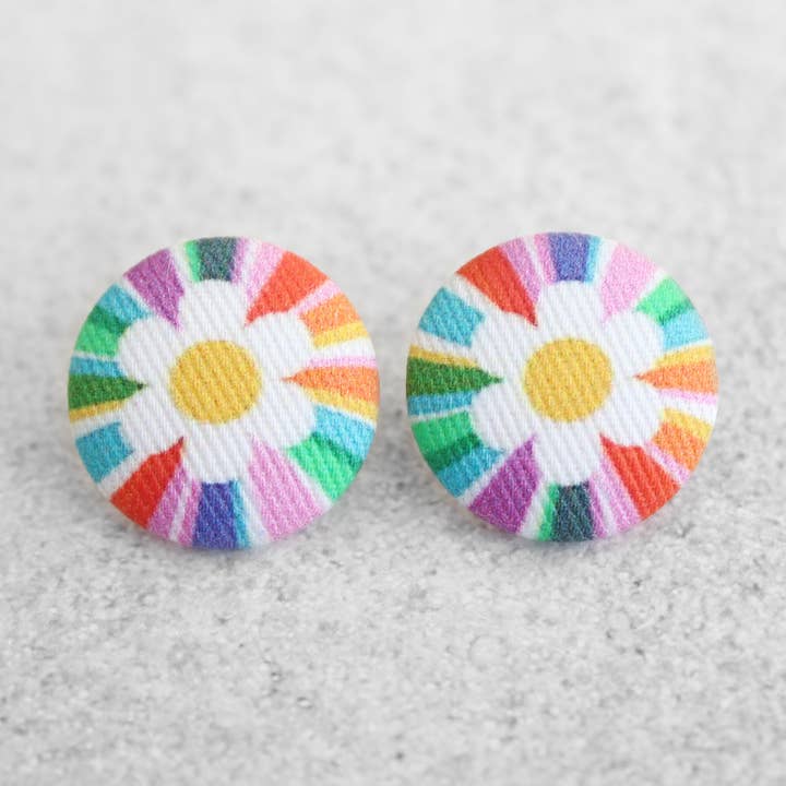 Bold 7/8 Inch Kaleidoscope Daisies Fabric Button Earrings for wholesale by Rachel O's