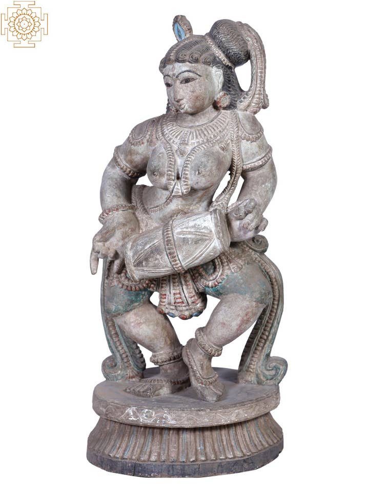 25" Wooden Musical Lady Playing Dholak for wholesale by Exotic India Art