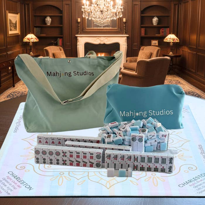 American Mahjong Set 166 Tiles Bundle - Green Bag Pastel Mat 2-color blue tiles for wholesale by Mahjong Studios