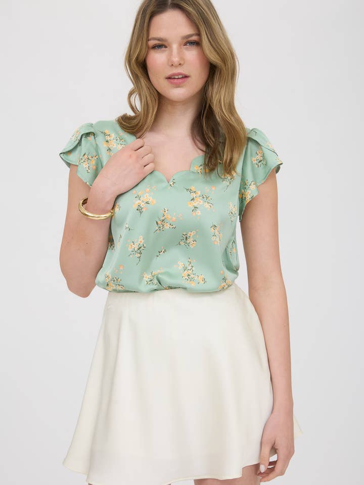 Blu Pepper - Vendita all'ingrosso Camicetta - Donna - Blusa in raso con scollo a V e stampa floreale con bordi smerlati5