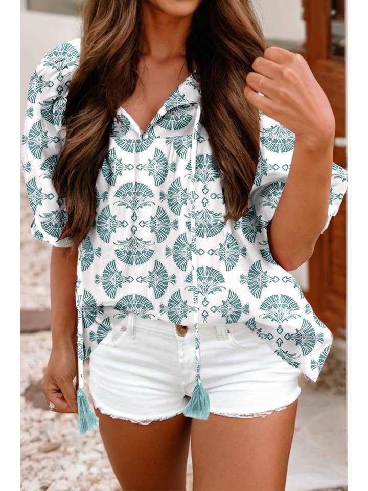 Little Daisy Closet - Wholesale Blouse - Women's - LDC Geometric Print Tassel Drawstring V Neck Blouse