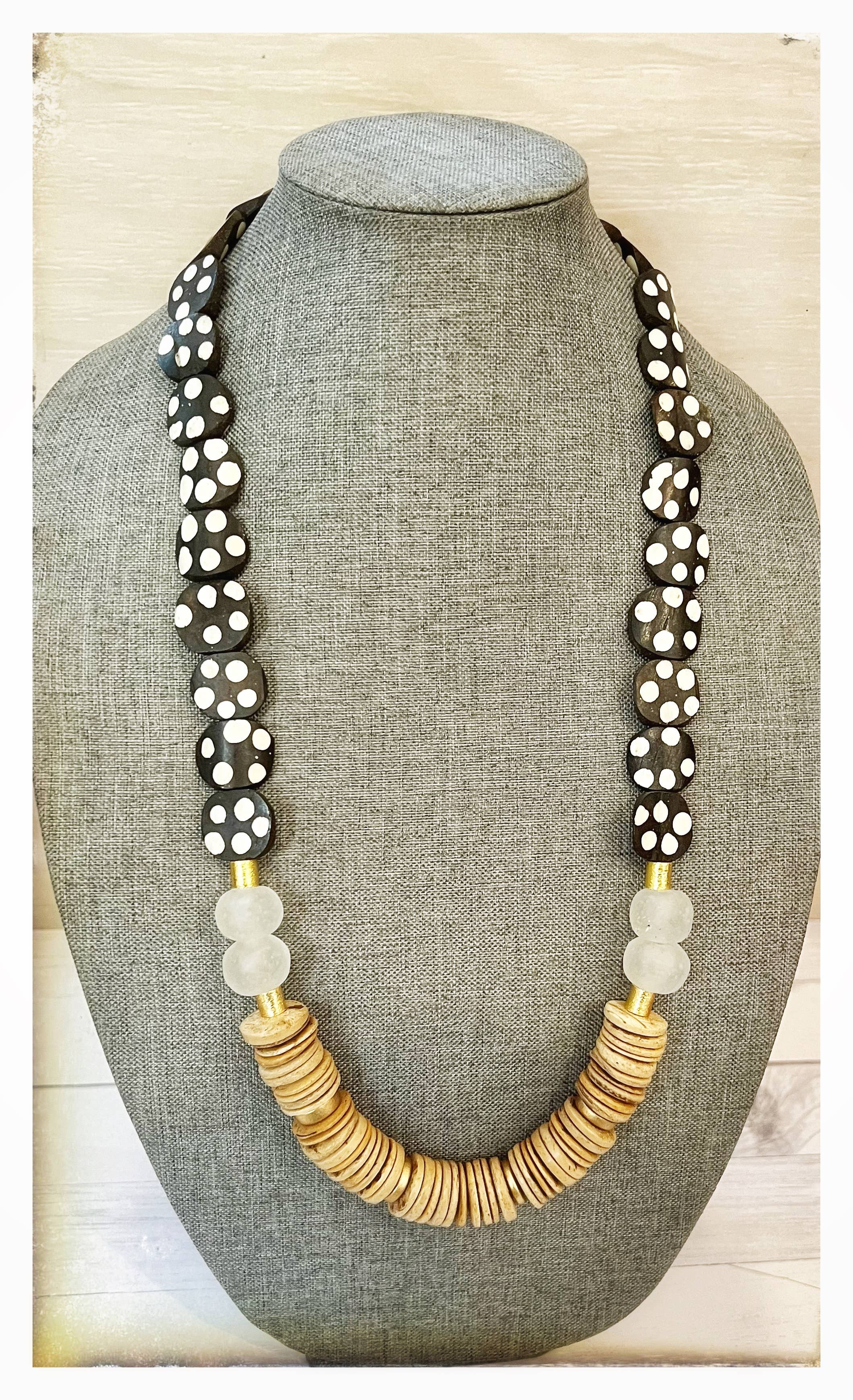 GentrybyJenna - Wholesale Beaded/Pearl Necklace - Polka Dot Bone Flat Bead Long Statement Necklace Coconut1