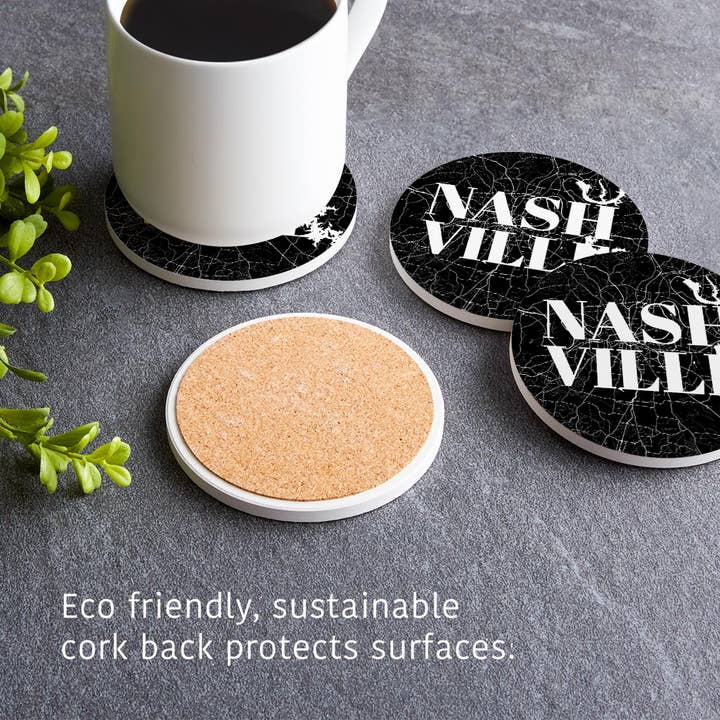 Love Local - Wholesale Coasters - Minimalist B&W Tennessee Nashville M|Rnd Coasters Set 4