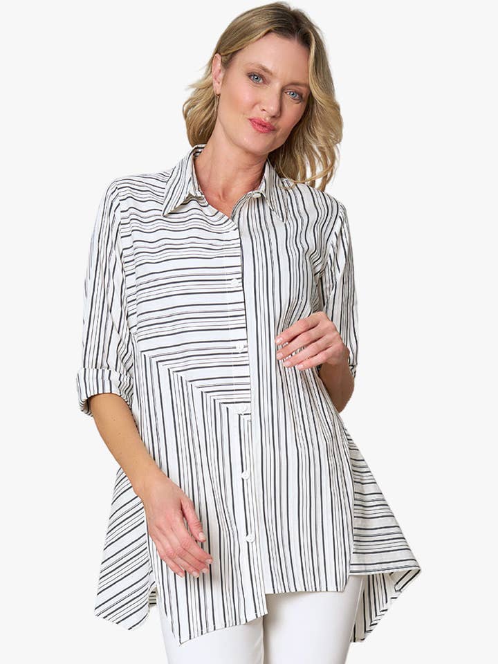 Women's Yarn Dye Stripe Button Front Crossroads Tunic for wholesale by Stella Carakasi