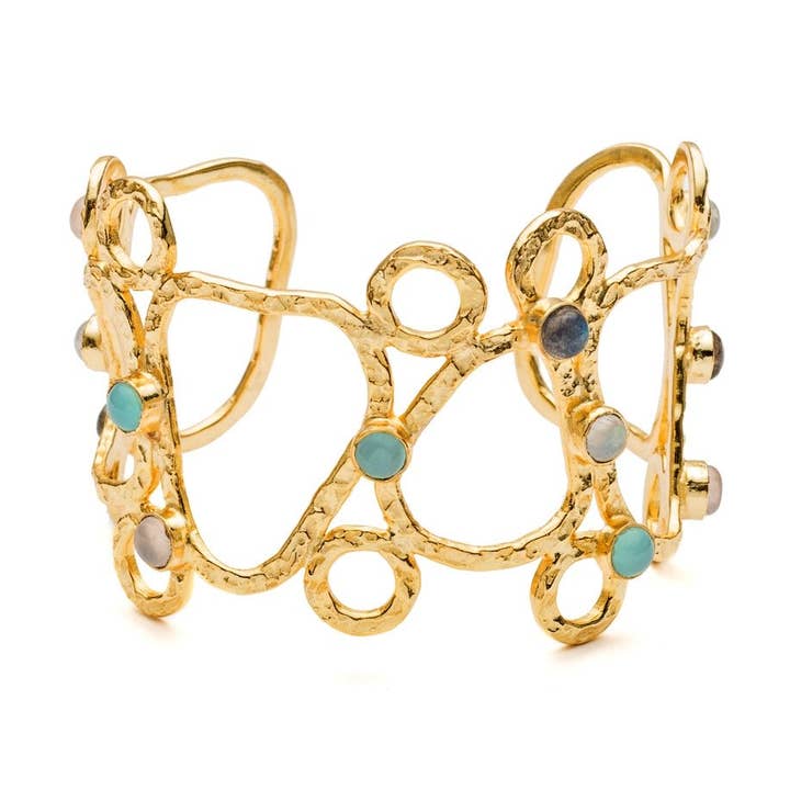 Thalia Sculptural Cuff with Rose Quartz, Moonstone, Labradorite & Pariba Onyx for wholesale by AZUNI London