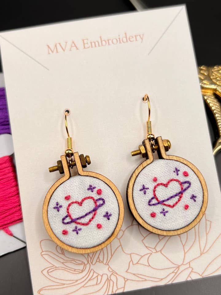 Hand Embroidered Cosmic Hearts Earrings for wholesale by MVA Embroidery