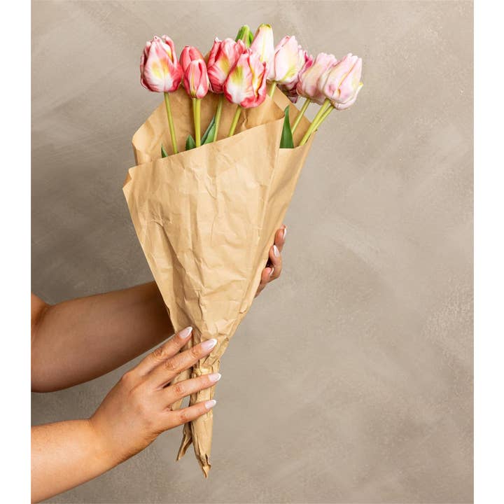 Pink Tulip Real Touch Floral Bunch Wrapped In Paper (PK/12) for wholesale by Audrey's Home & Gift