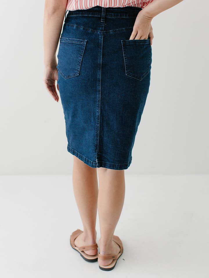 The Main Street Exchange - Wholesale Skirt - Women's - 'Krista' Knee Length Denim Pencil Skirt in Dark Wash FINAL SALE15