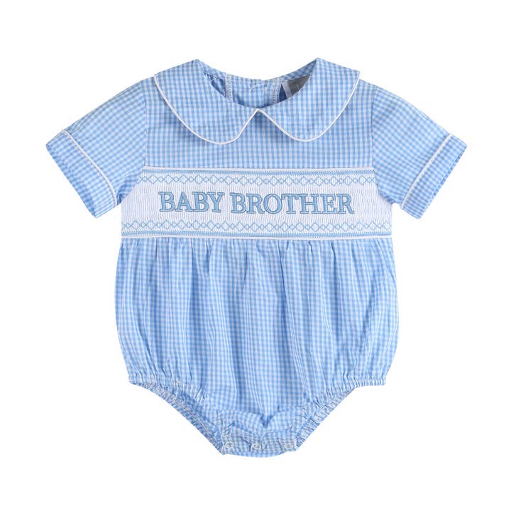 Light Blue Baby Brother Smocked Collared Romper for wholesale by Lil Cactus