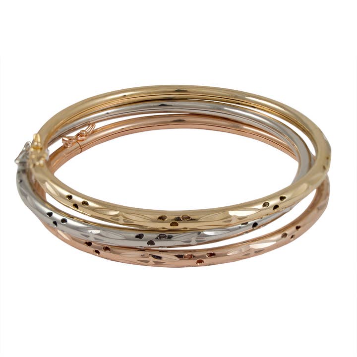 Driekleurige 3-delige koperen armbandenset met gehamerd ontwerp voor wholesale door Dlux Jewels