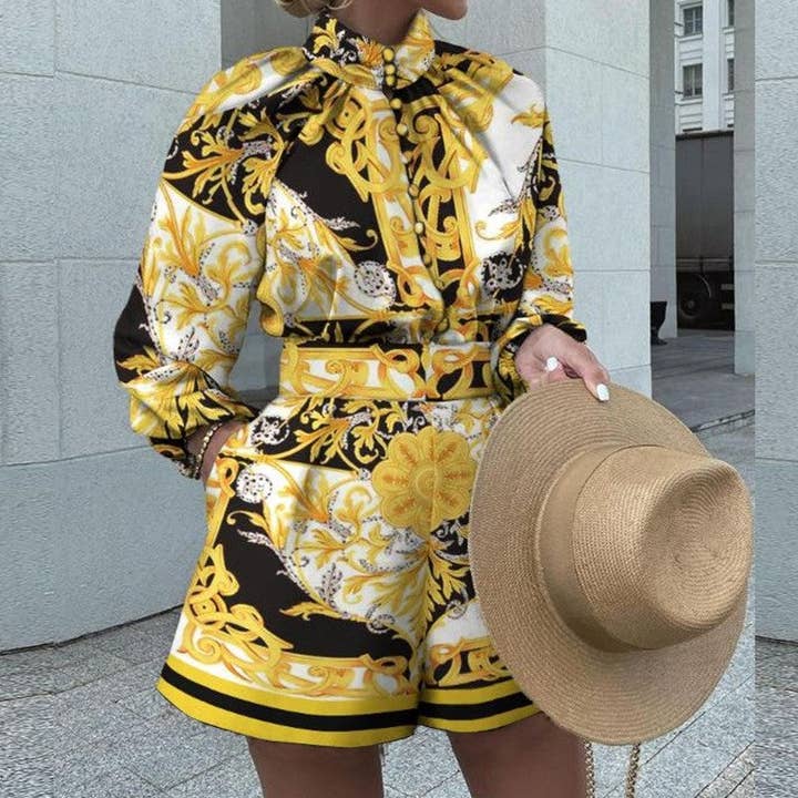 Sheer Trend - Wholesale Top & Short Set (NOT Loungewear) - Women's - Printed Long Sleeve Top Loose Shorts Set