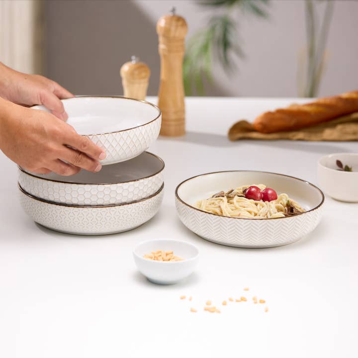 Kook - Wholesale Bowl - Kook Ceramic Pasta Bowls, 40 oz, Set of 4, Cream/Copper