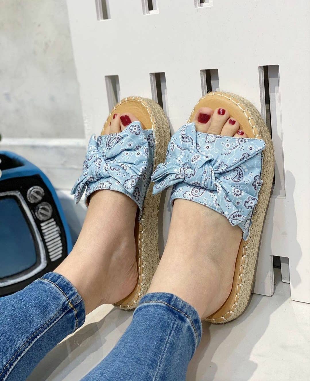 Vera Shop - Vente Sandales – femme - Sandale mule avec nœud en coton et semelle en raphia4