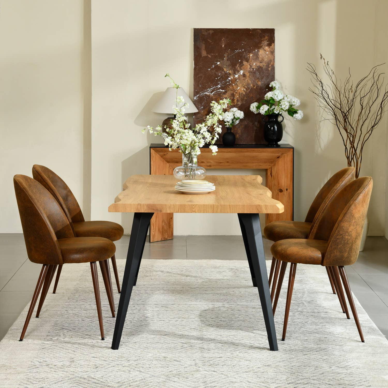 39F Inc. – Großhandel Stühle – Retro Industrieller Wildleder-Esszimmerstuhl (1 Stk.) - Metallbein19