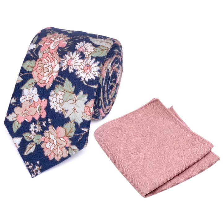 Margot Blue & Pink Floral Cotton Tie and Dusty Rose Pink Pocket Square Set for wholesale by Dickie Bow